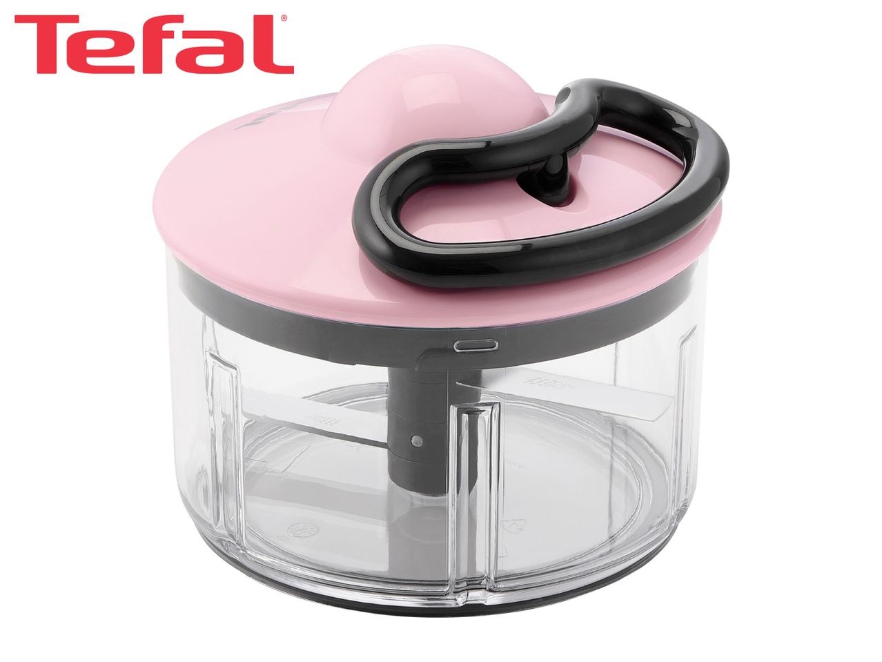 Manual food chopper with a pink lid, black pull handle, and clear container