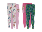 Fire par leggings til børn: to par med tegneseriefigurer og to ensfarvede.