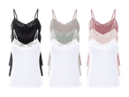 Tre sæt af camisole toppe med blonder i sort, hvid, grå, grøn, rosa og lyserød.