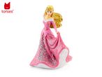 A figurine of Princess Aurora in a pink glittery gown, holding up her skirt.