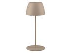 A modern, minimalist beige table lamp with a conical shade and round base.