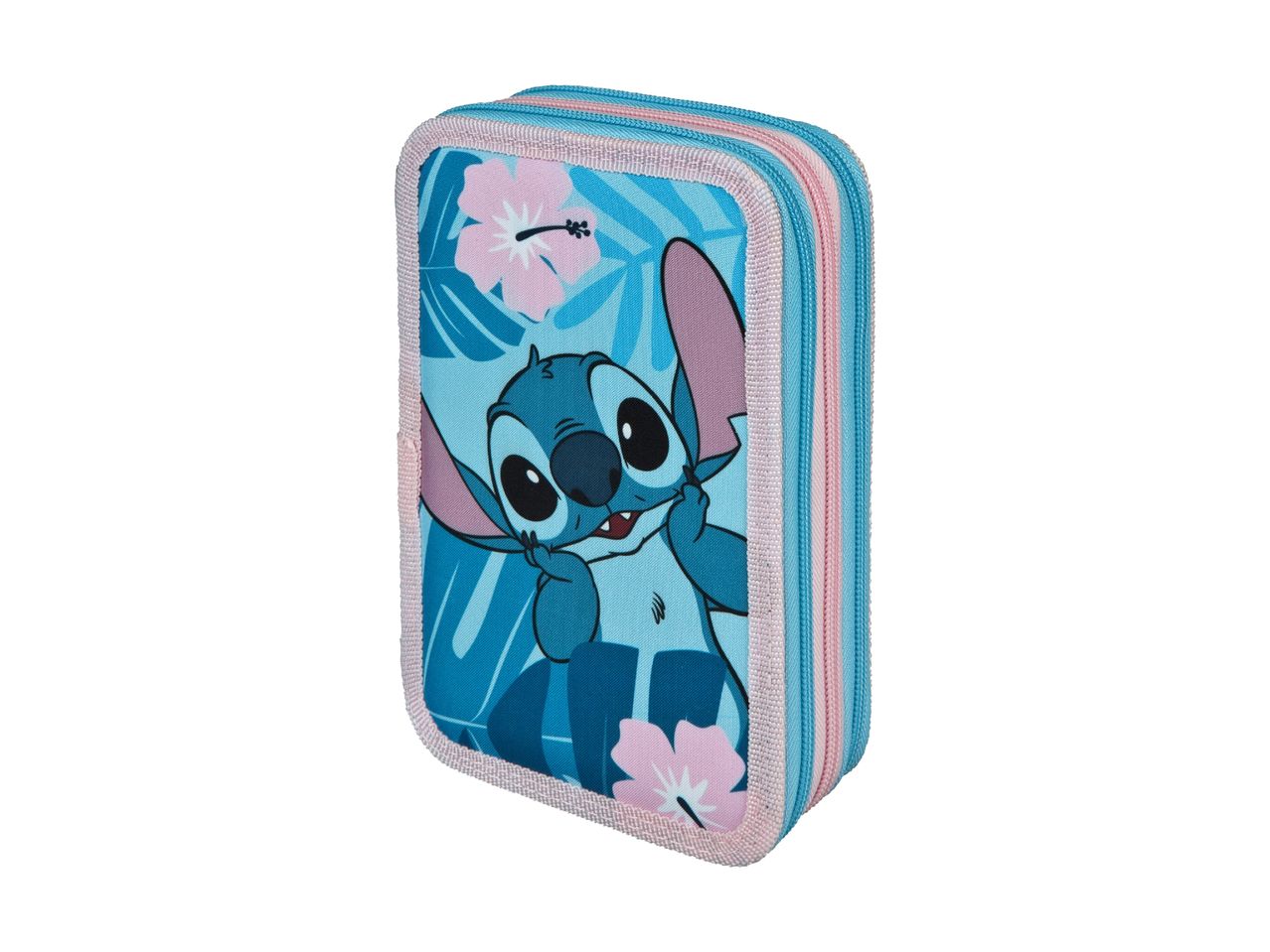 Blue pencil case with a cartoon alien character and pink hibiscus flowers
