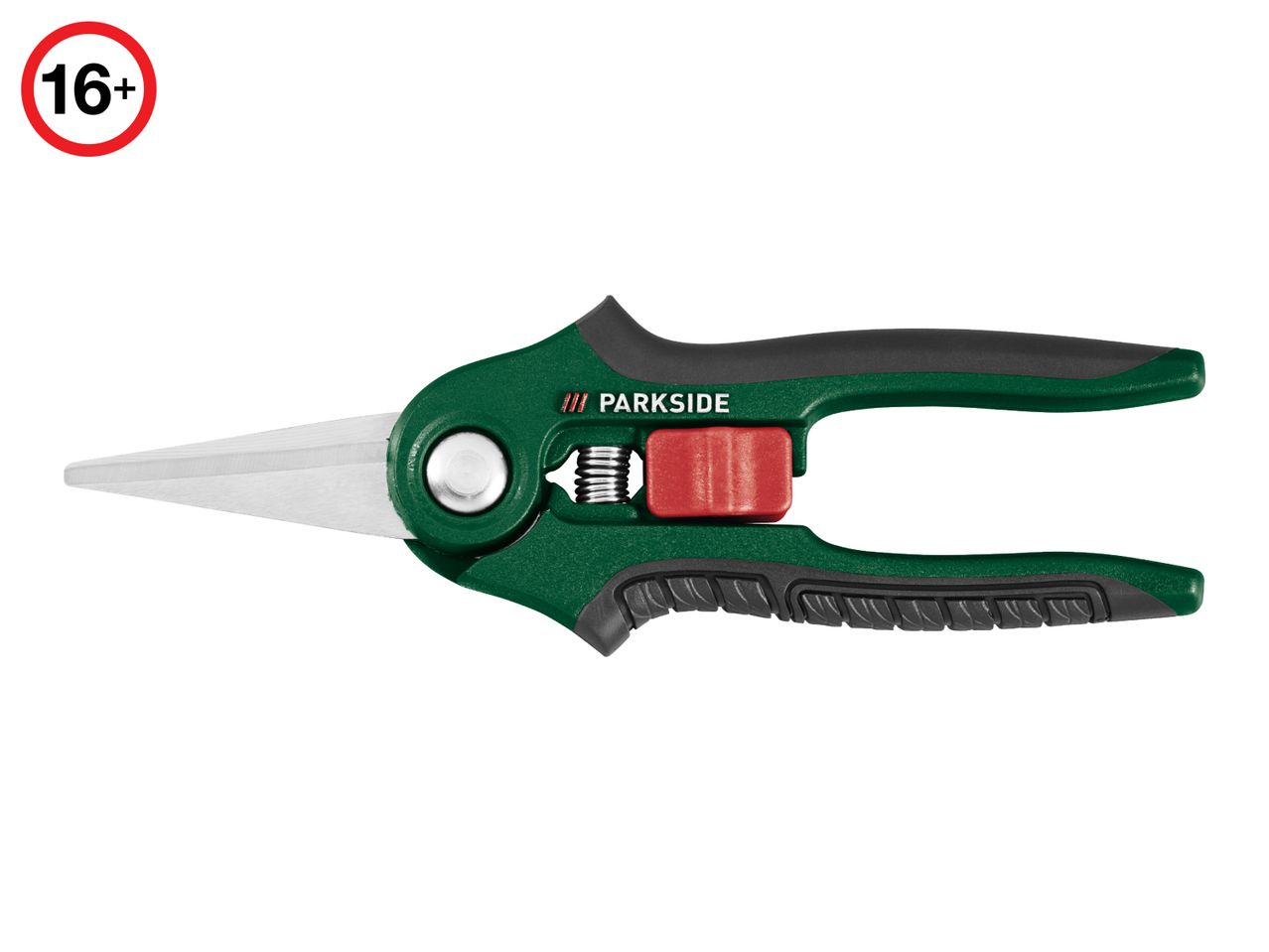 Green and black pruning shears with a red safety lock, featuring a 16+ age restriction symbol.