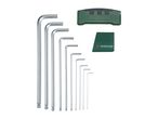 A set of L-shaped hex keys in various sizes, with a green holder and a green size guide.