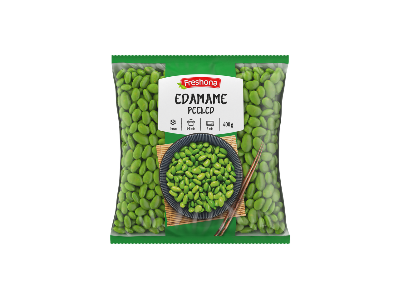 Freshona Edamame decojit, 400g congelat, gata în 4-6 minute.
