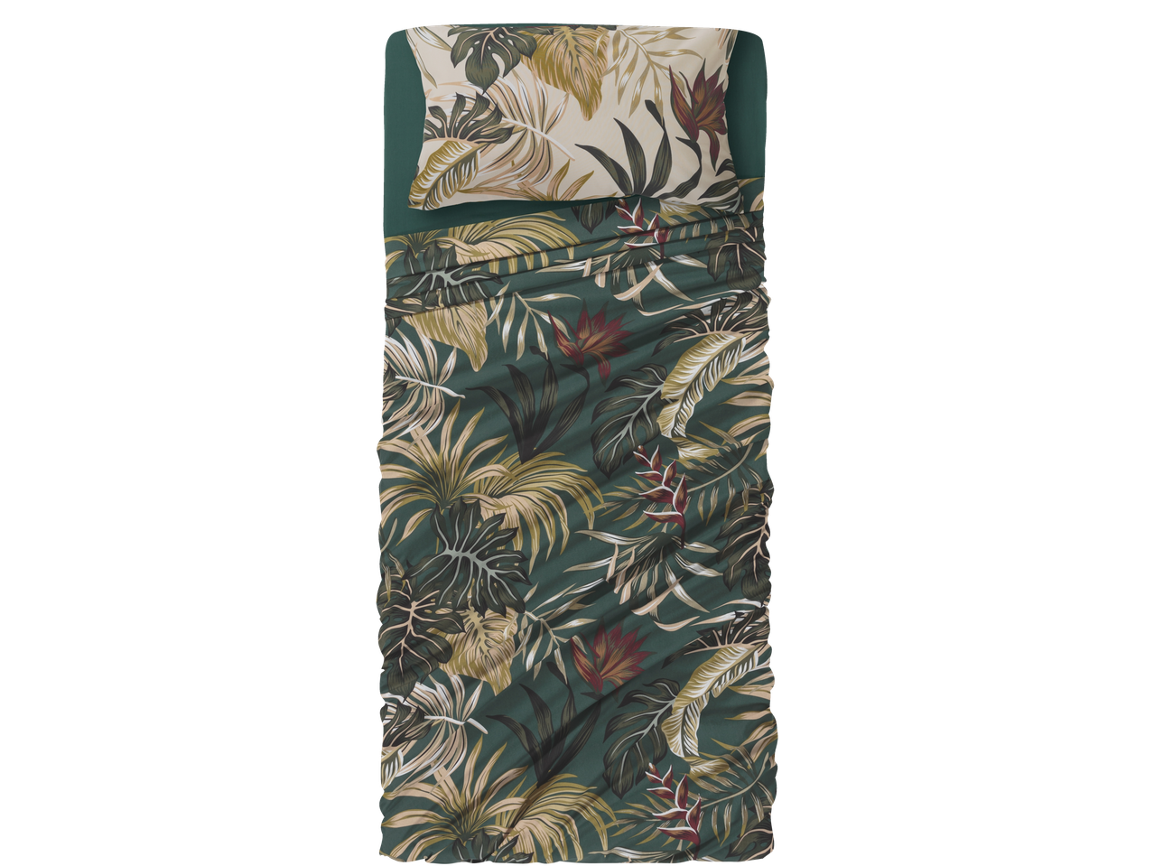 Set di biancheria da letto a tema tropicale con cuscino e lenzuolo.