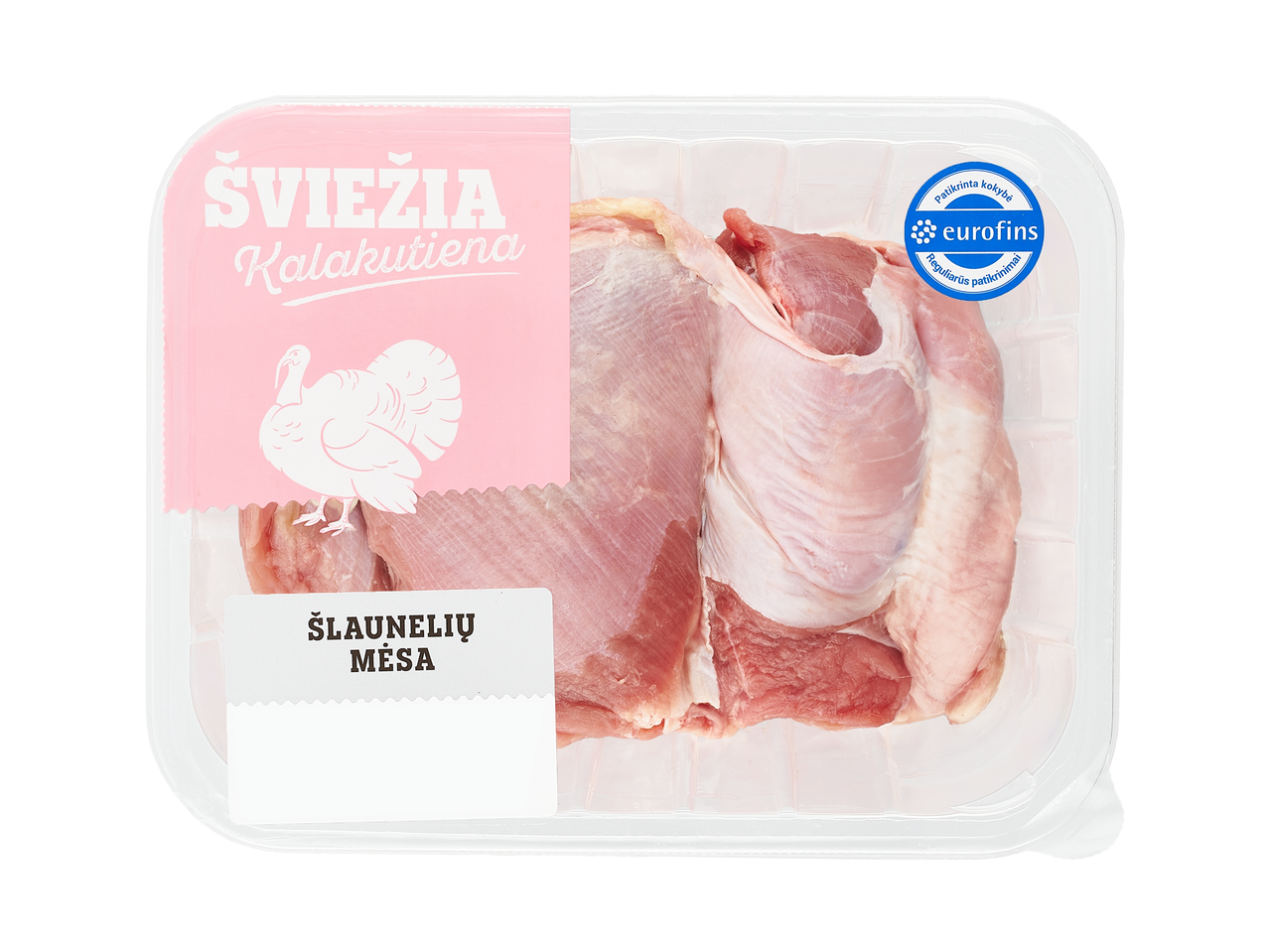Šviežia kalakutienos mėsa, supakuota, su Eurofins ženklu.