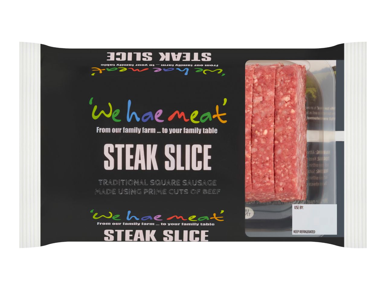 Packaged steak slices, labeled as traditional square sausage made from prime cuts of beef.