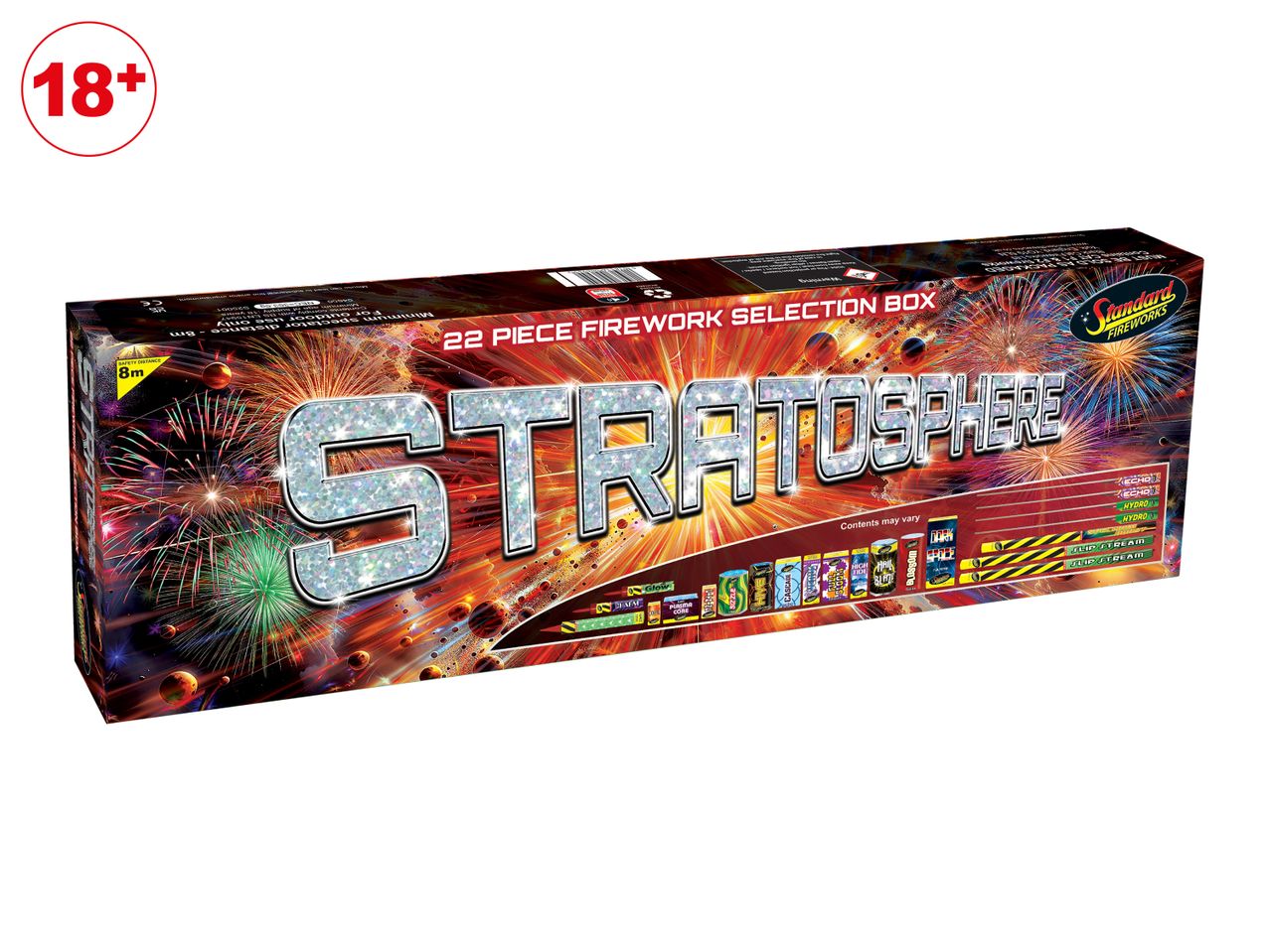 A 22-piece firework selection box named Stratosphere with colorful firework graphics.