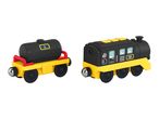 Two toy train cars, one a black and yellow tanker, the other a black and yellow engine with number 53.