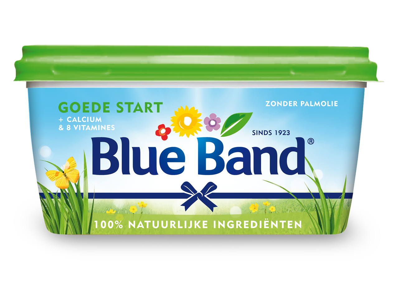 Een kuipje margarine met een groen deksel, met de tekst 'Goede Start', 'Zonder Palmolie' en '100% Natuurlijke Ingrediënten'.