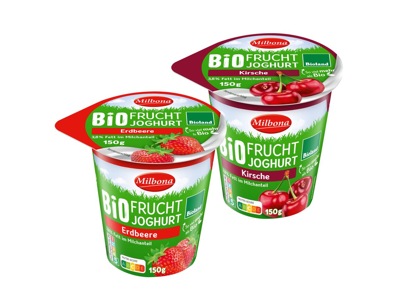 Zwei Becher Bio-Fruchtjoghurt von Weihenstephan, Himbeere und Granatapfel.