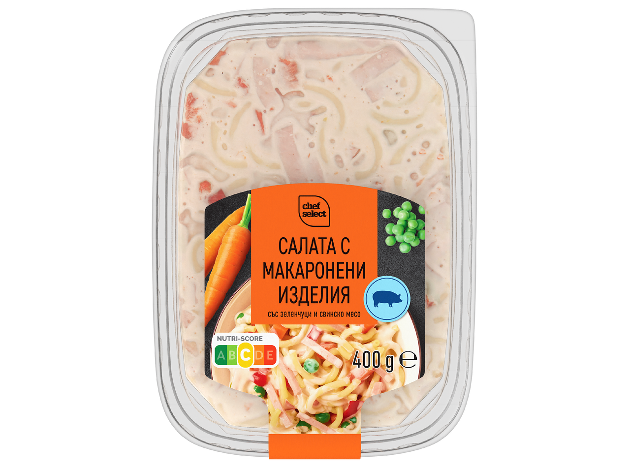 Салата с макаронени изделия, зеленчуци и свинско месо, 400g, с Nutri-Score C.