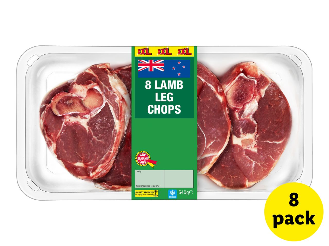 8 lamb leg chops in a clear tray with a green label, featuring the New Zealand flag and a yellow '8 pack' circle.