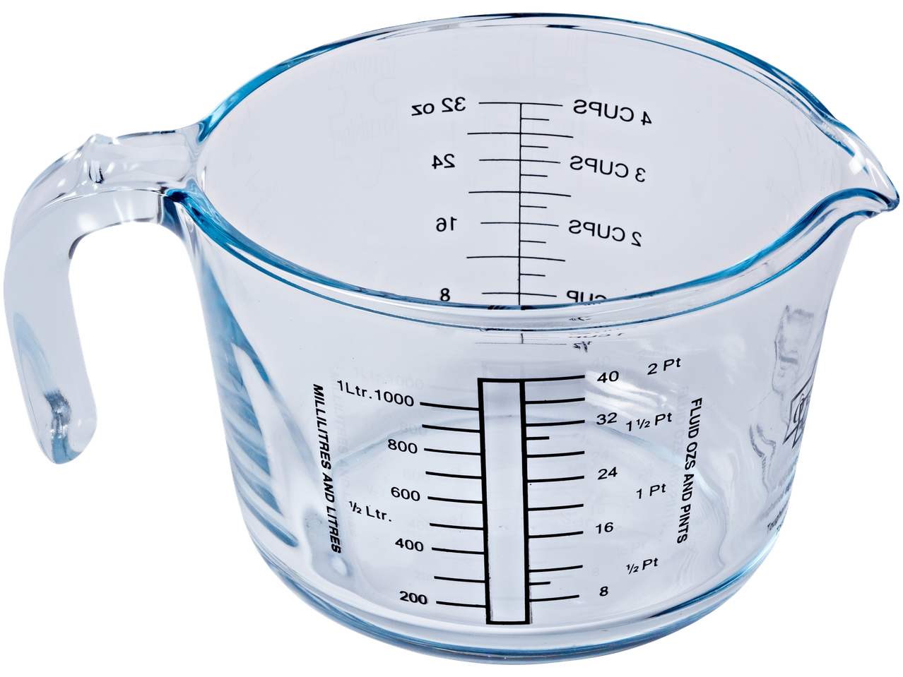 Pyrex glazen maatbeker met markeringen voor liters, ounces en kopjes.