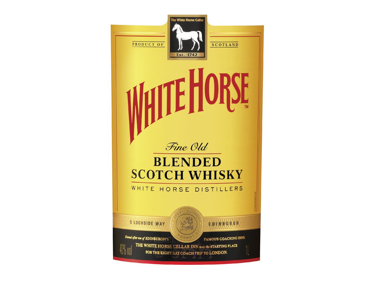 Етикет за уиски с бял кон, надпис „Fine Old Blended Scotch Whisky“ и „Est. 1742“.