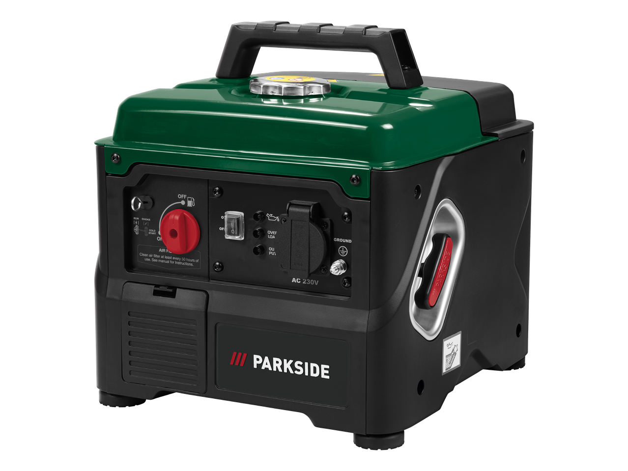 Prijenosni generator s ručkom, kontrolnom pločom i natpisom 'PARKSIDE'.
