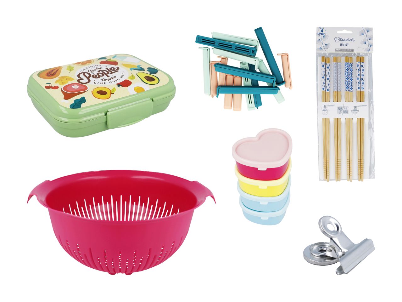 Küchenartikel-Sortiment: Lunchbox, Clips, Schüsseln, Sieb und Essstäbchen.
