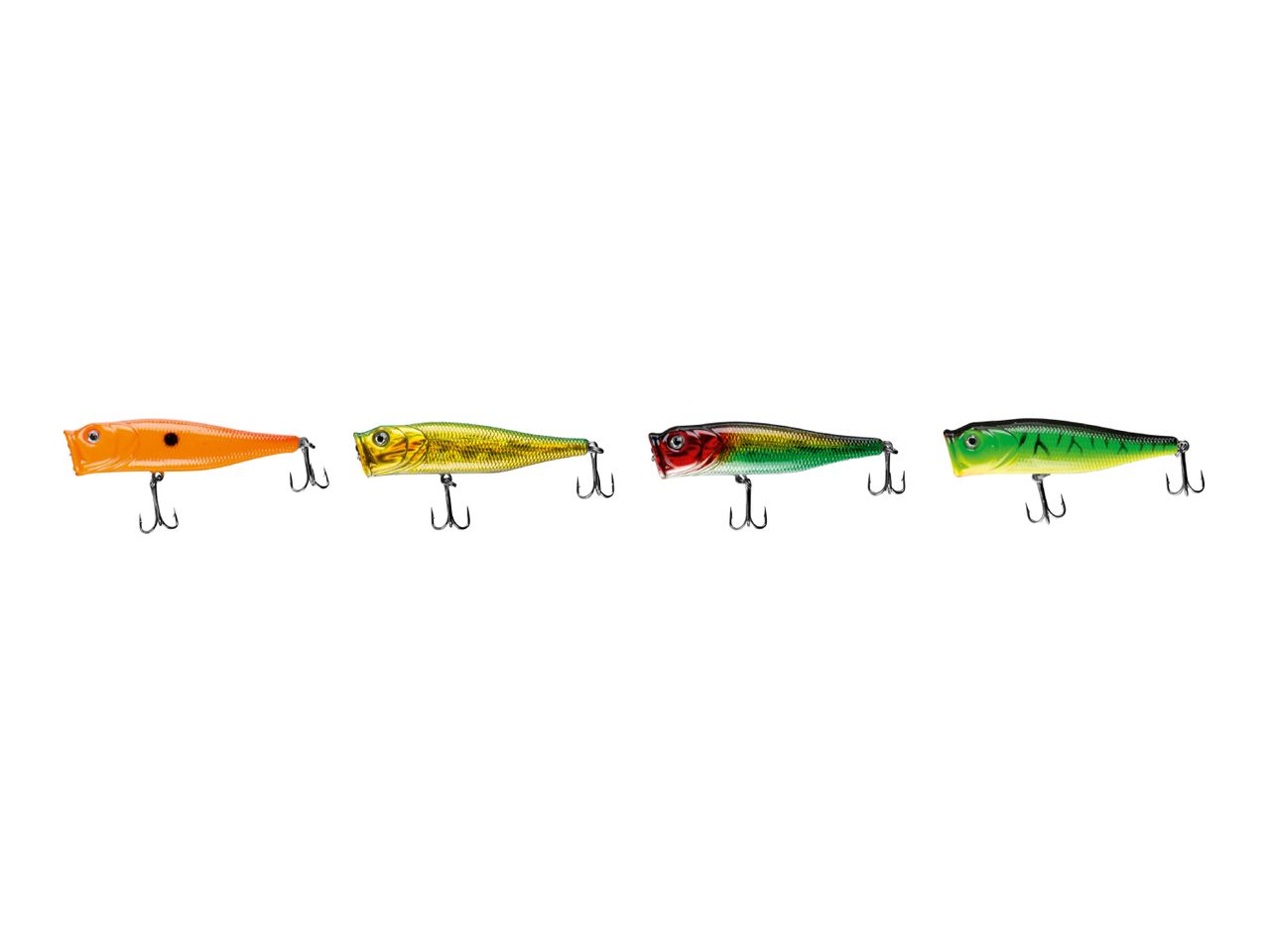 Four colorful fishing lures with treble hooks, including orange, gold, red-green, and green.