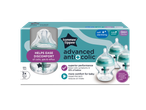 Packaging for three anti-colic baby bottles, highlighting features like self-sterilising and leak-proof.