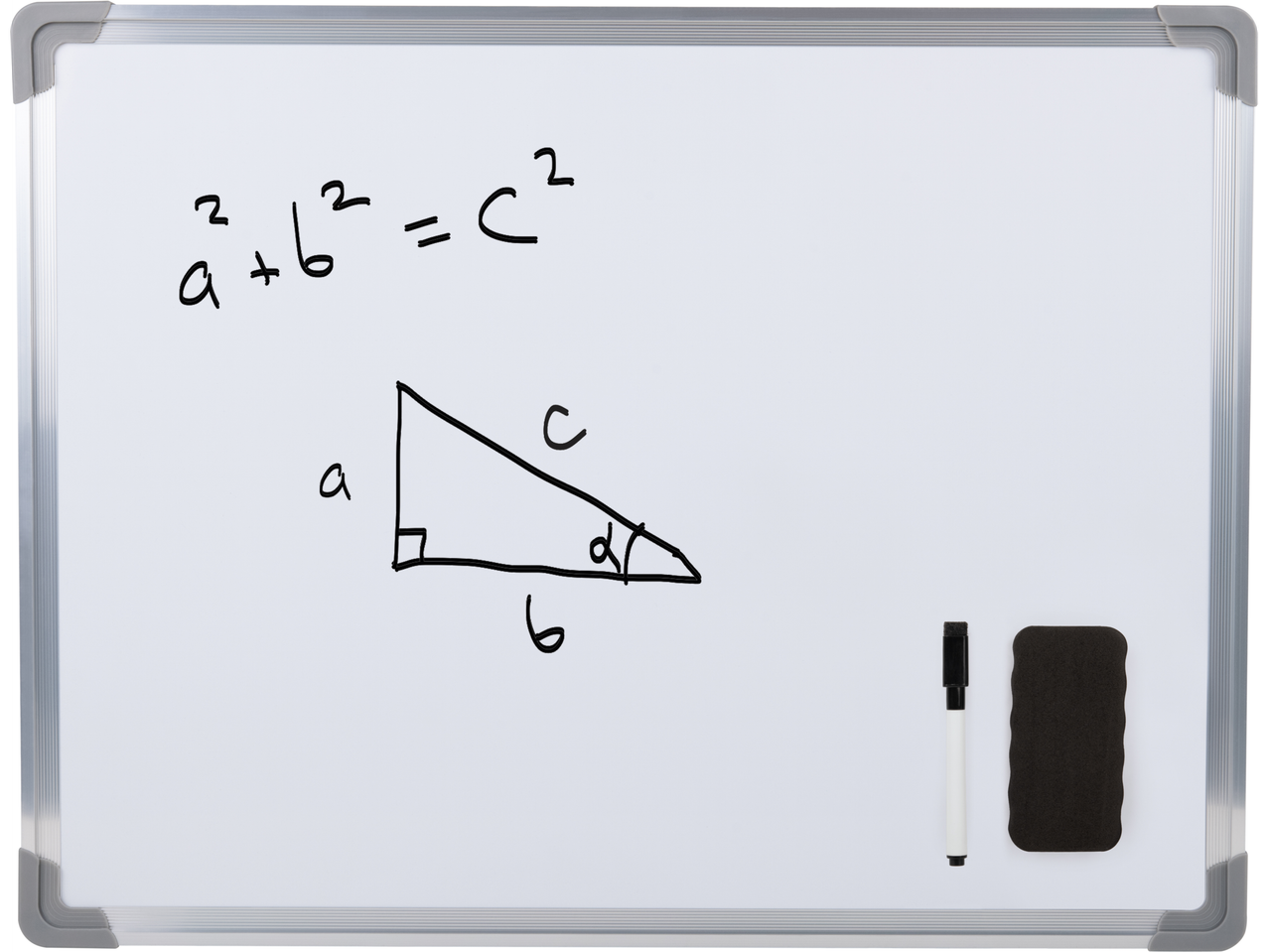 Whiteboard with the Pythagorean theorem (a² + b² = c²) and a right-angled triangle drawn on it.