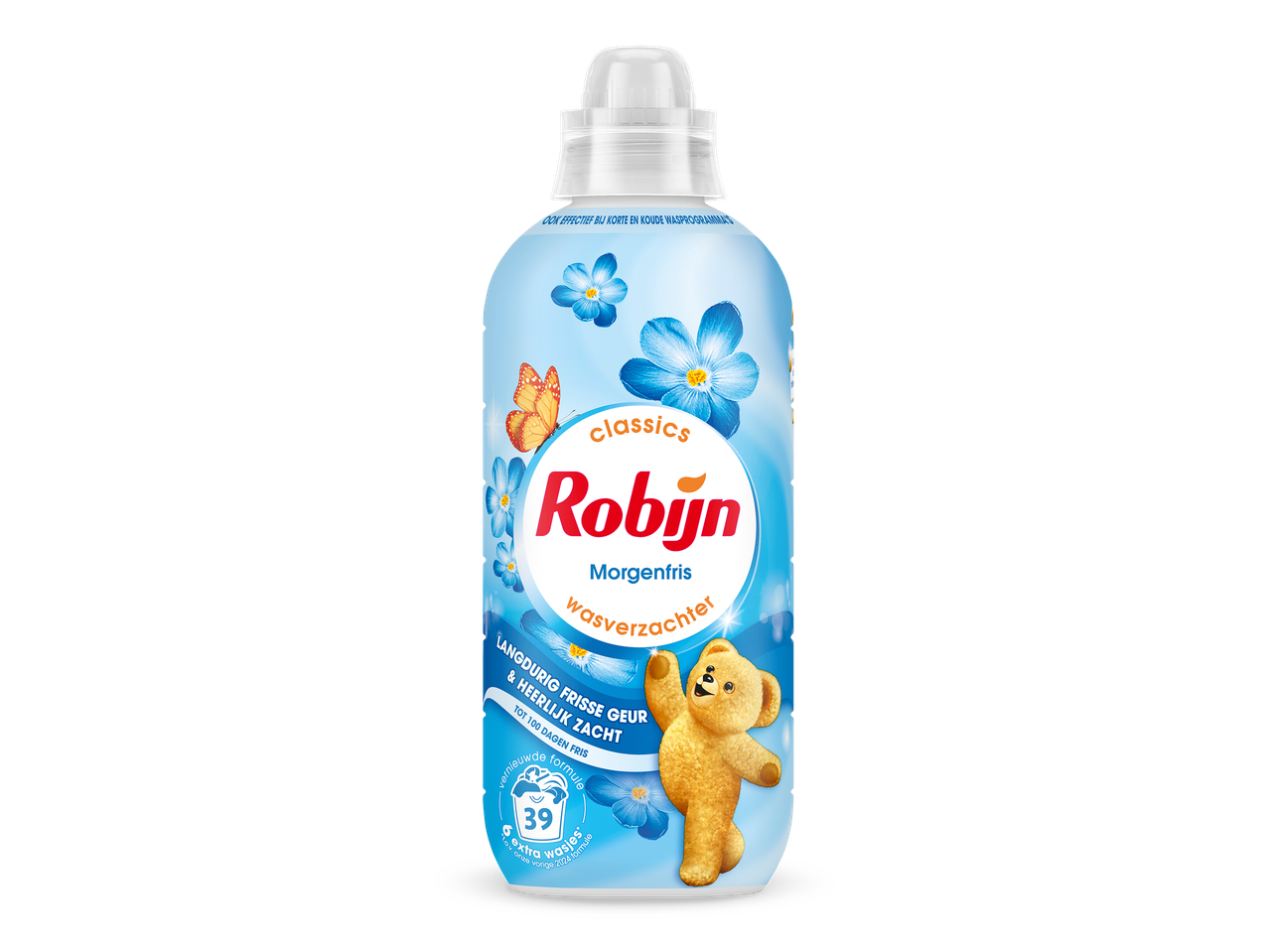 Fles wasverzachter met bloemen, vlinders en een teddybeer, met de tekst 'Morgenfris'.