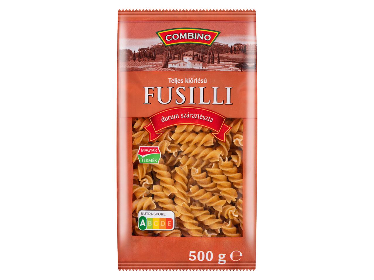 500g-os csomagolású Barilla Fusilli tészta.