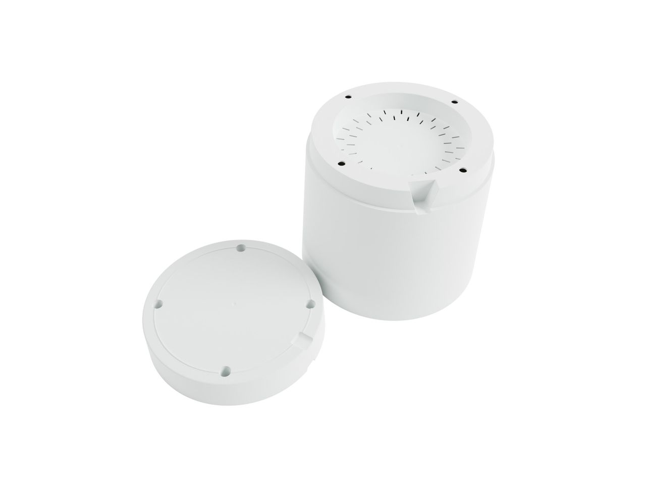 White cylindrical parts with lids.