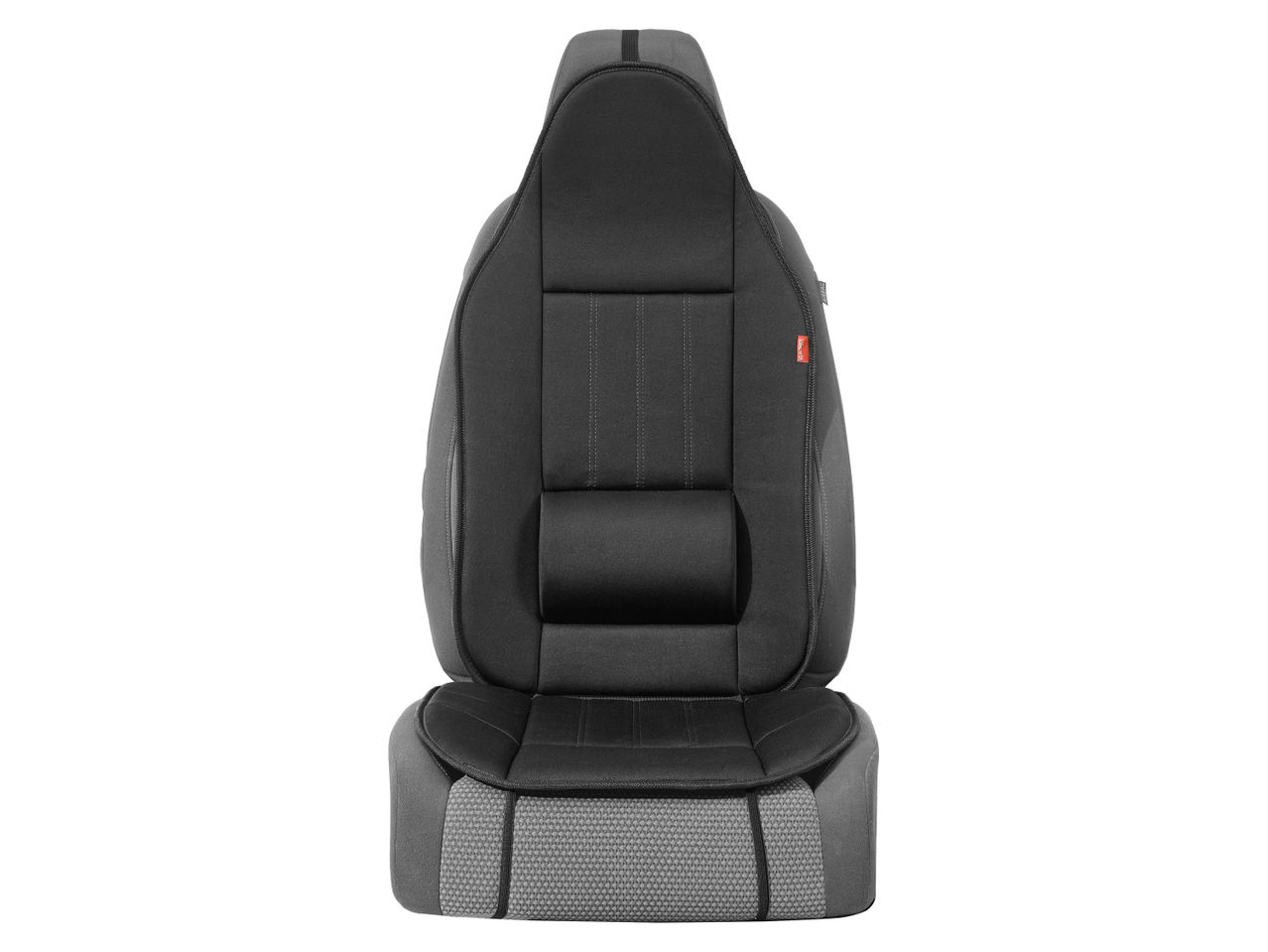 Sedile auto nero con inserti grigi.