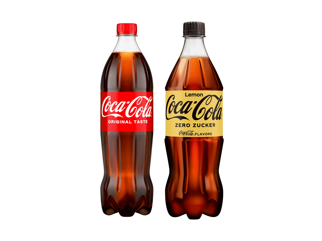 Zwei Coca-Cola Flaschen: Original Taste und Lemon Zero Zucker.
