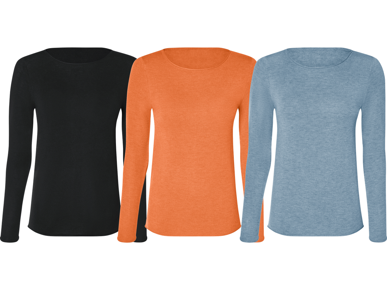 Tre långärmade tröjor i svart, orange och ljusblått.