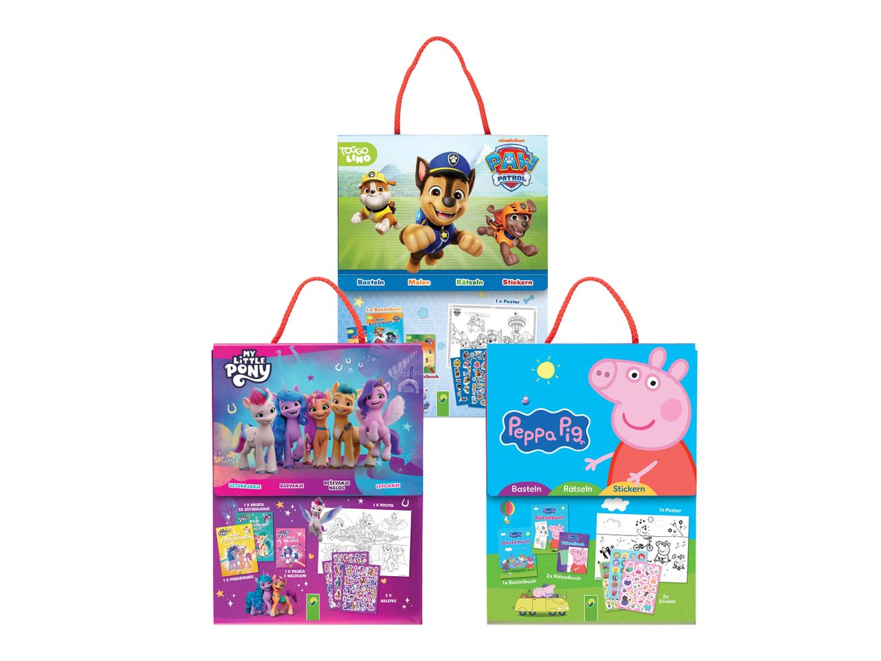 Drei Geschenktüten mit Paw Patrol, My Little Pony und Peppa Pig Bastel- und Rätselsets.