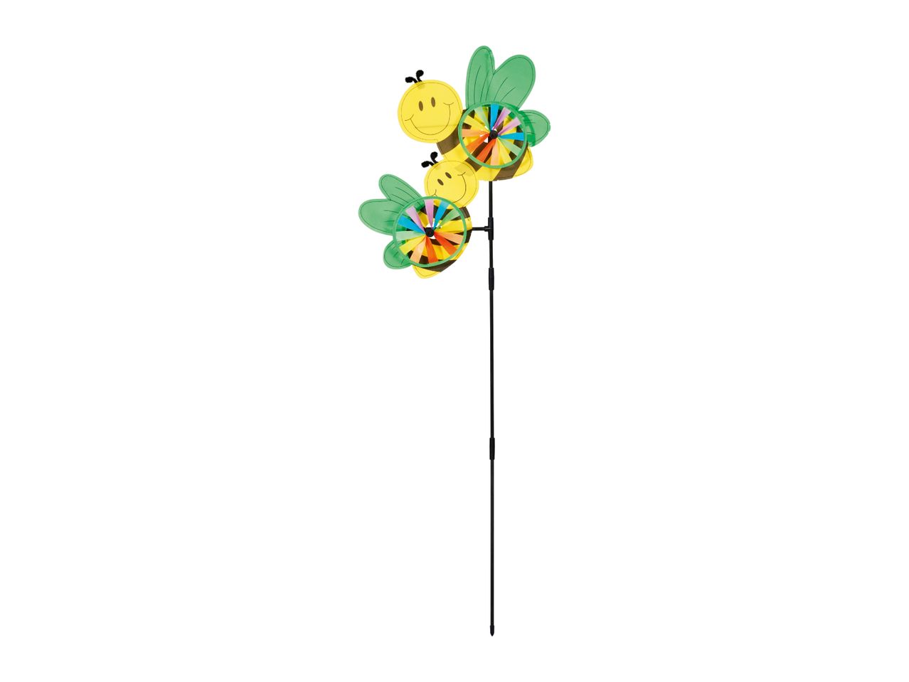 Two bee-shaped garden pinwheels with colorful spinners on a black pole.