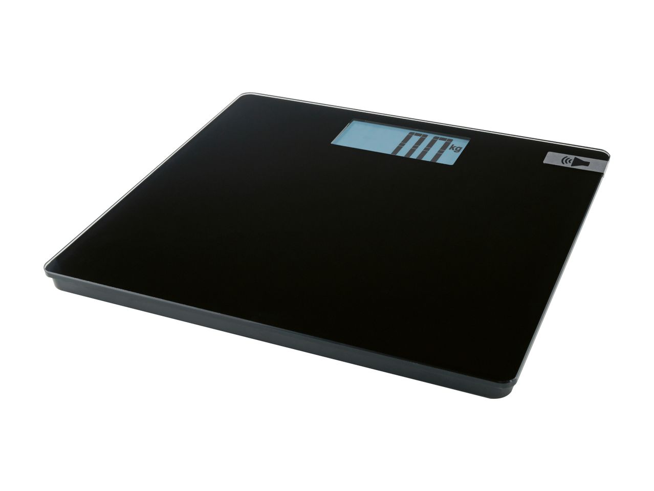 Black digital bathroom scale with a display showing '0.0 kg' and a speaker icon.