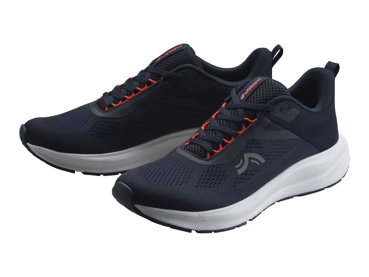 Pair of dark blue athletic shoes with orange accents and white soles.