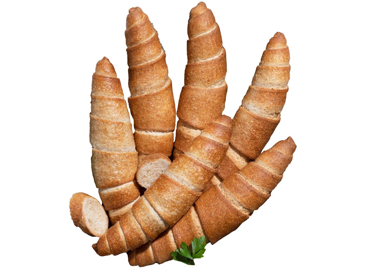 Sült, spirális kiflik egy csokorban, friss petrezselyemmel.
