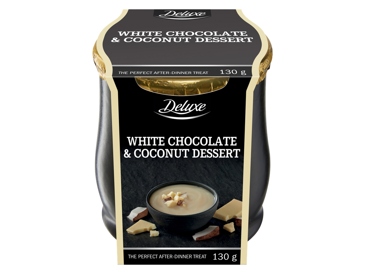 „Deluxe“ baltasis šokolado ir kokosų desertas, 130 g.