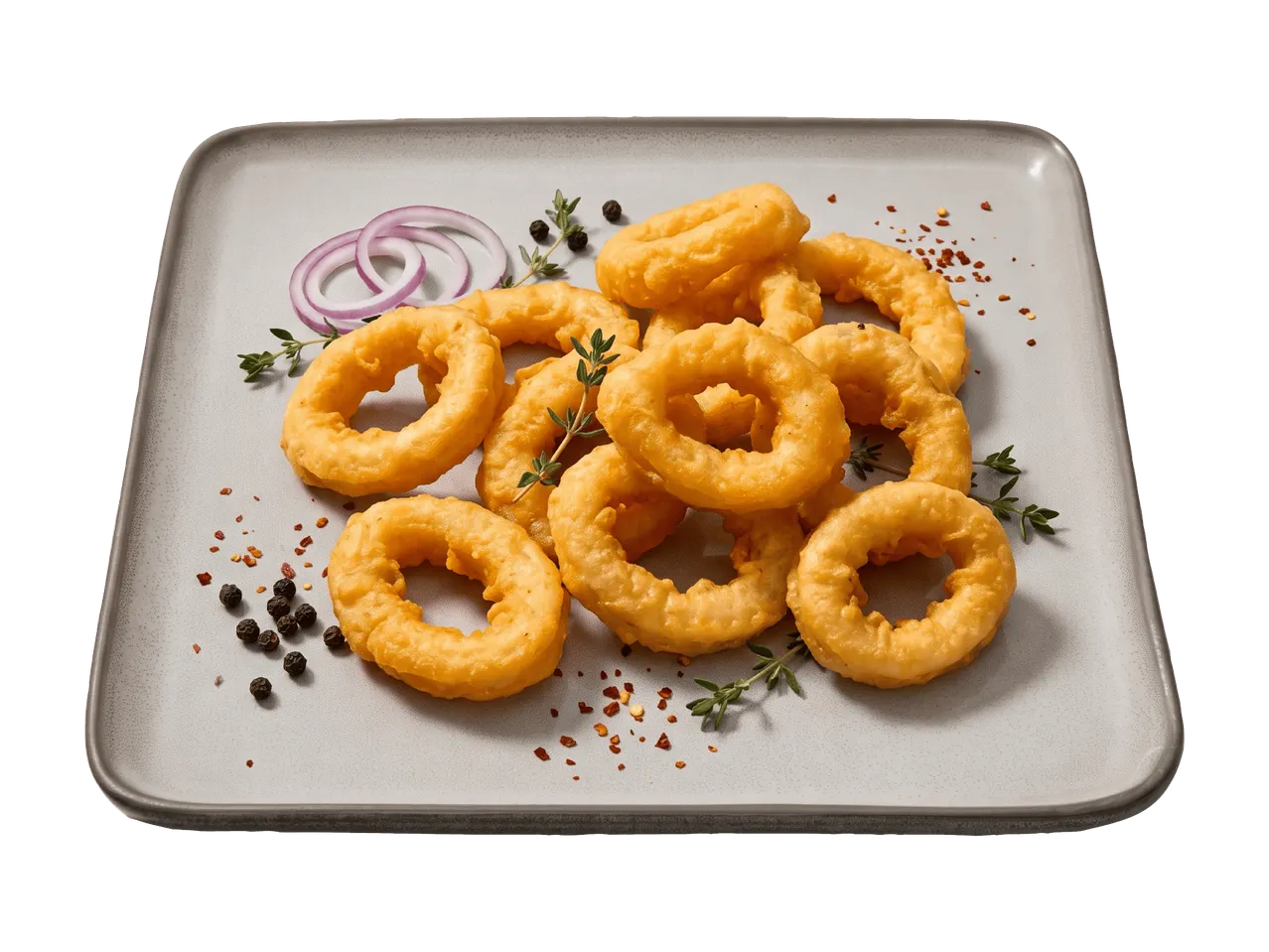 Rondelles d'oignons frites croustillantes servies sur une assiette avec des herbes et des épices.