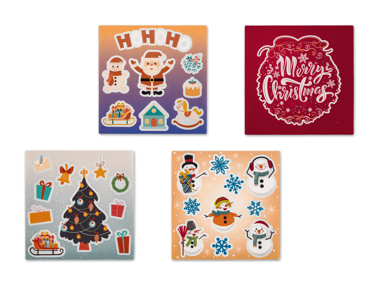 Weihnachtsaufkleber mit Weihnachtsmann, Schneemännern, Weihnachtsbaum und 'Merry Christmas' Schriftzug.