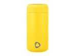 A bright yellow insulated bottle with a grey triangular logo on the front.
