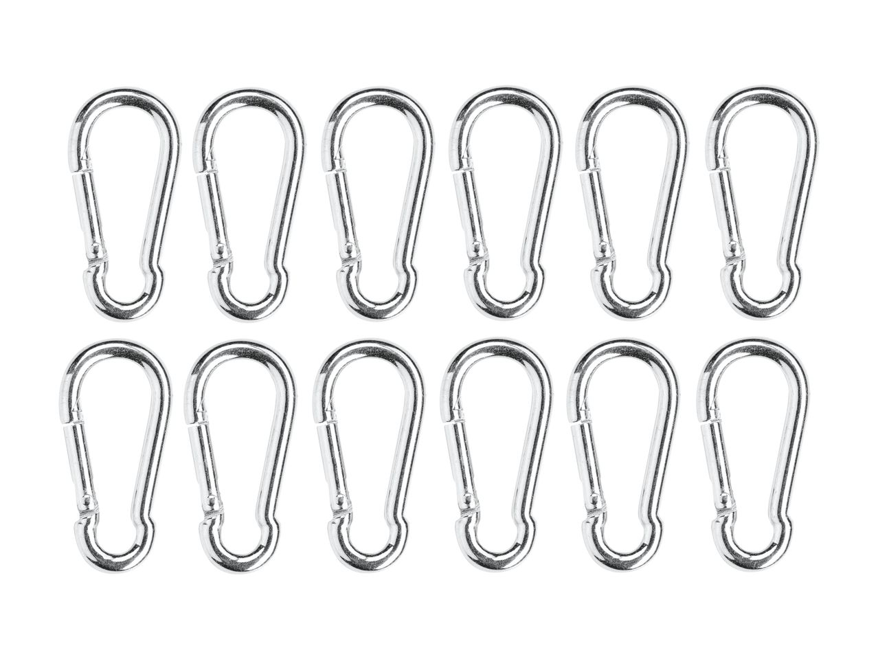 Twelve silver carabiner clips arranged in four rows.