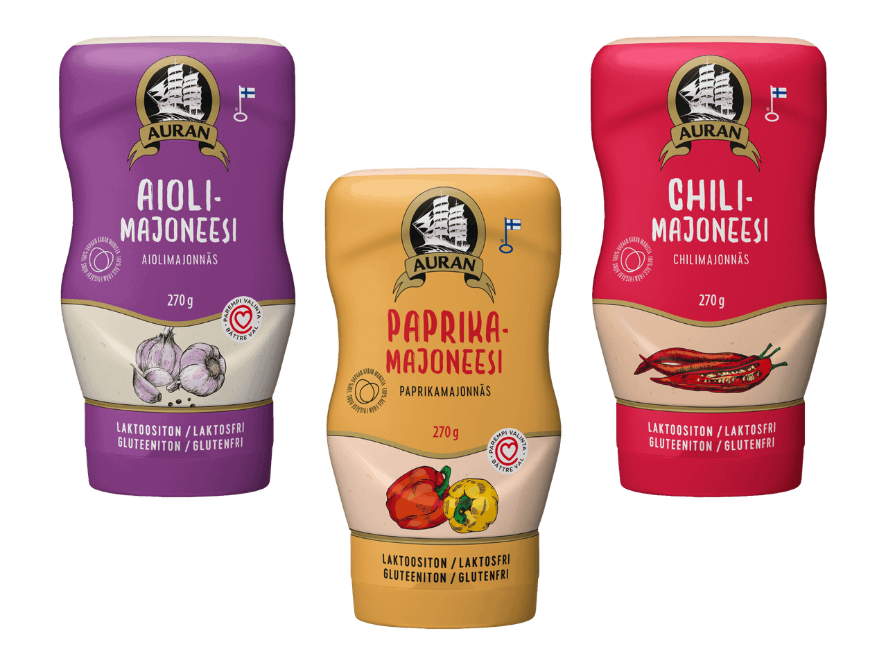 Kolme majoneesipulloa: valkosipuli-, paprika- ja chilimajoneesi, kaikki laktoosittomia ja gluteenittomia.