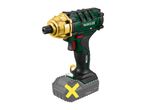Cordless impact driver with a gold-colored head and a battery pack marked with a yellow X