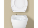 White LIVARNO Duroplast toilet seat with an open lid on a beige wall.