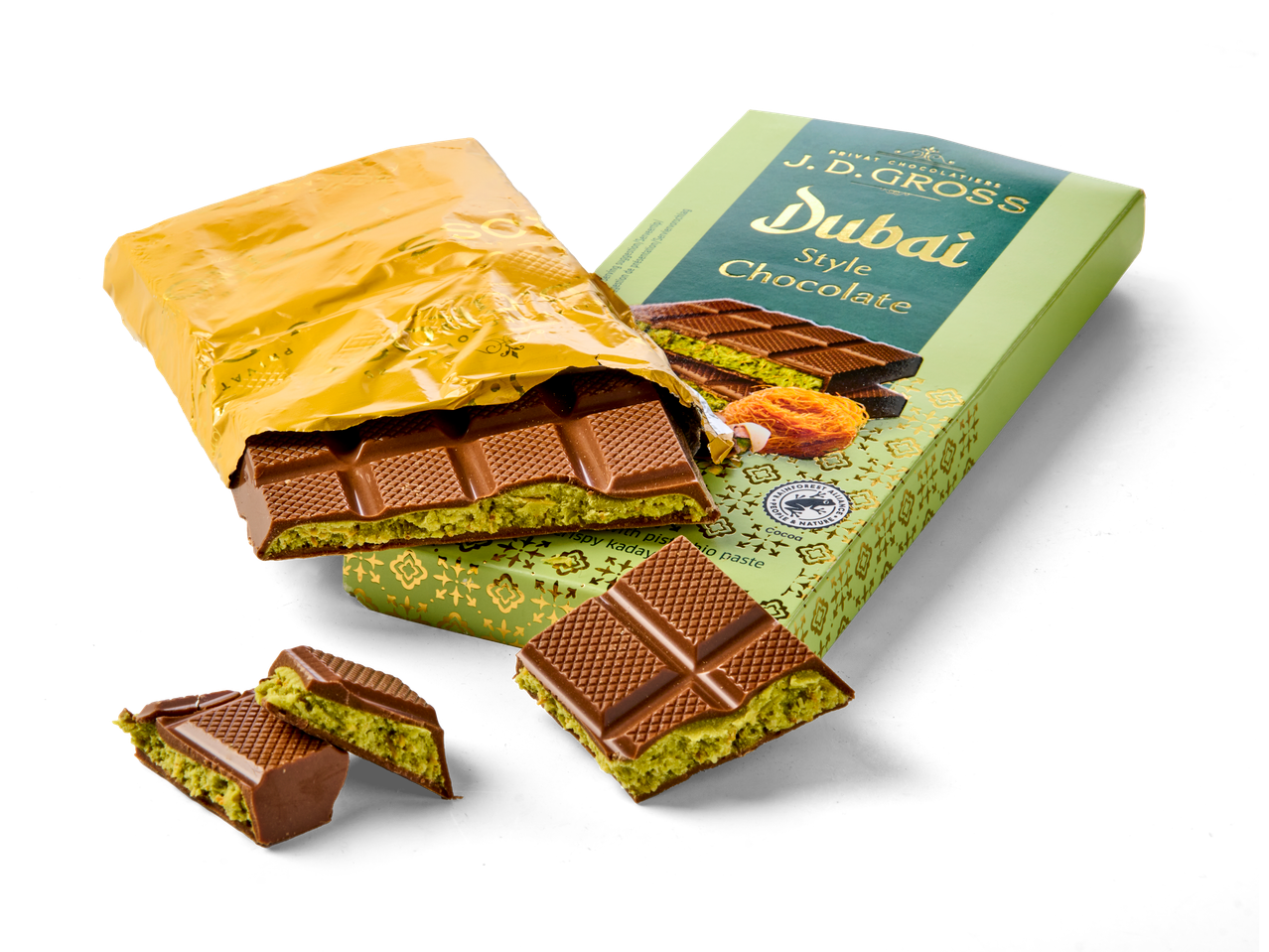 J.D. Gross Dubai Style chocolade reep, gebroken in stukken, met pistache vulling.