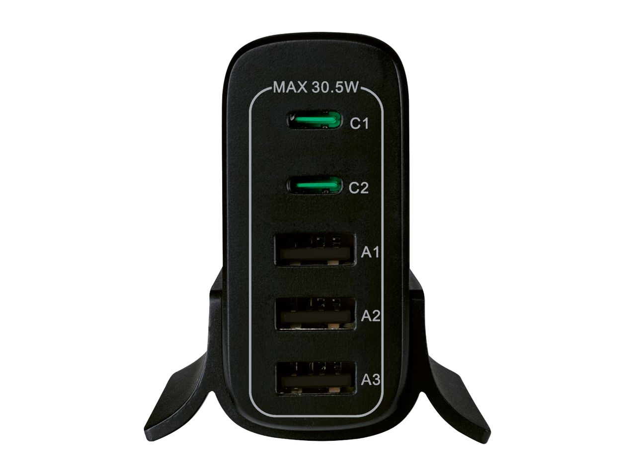 Black USB charging station with two USB-C ports (C1, C2) and three USB-A ports (A1, A2, A3), max 30.5W.