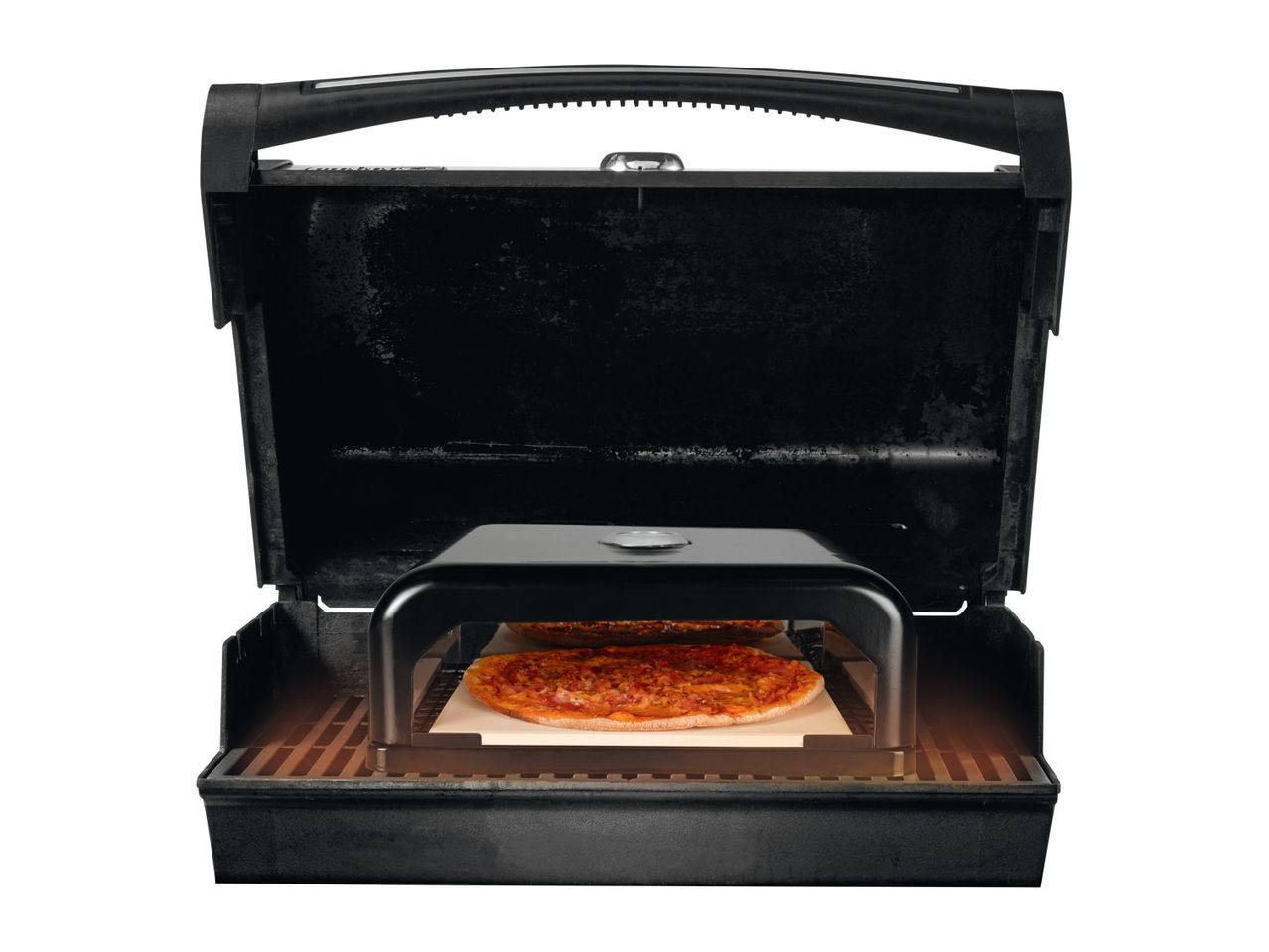 Pizzas on a grill with a pizza stone.