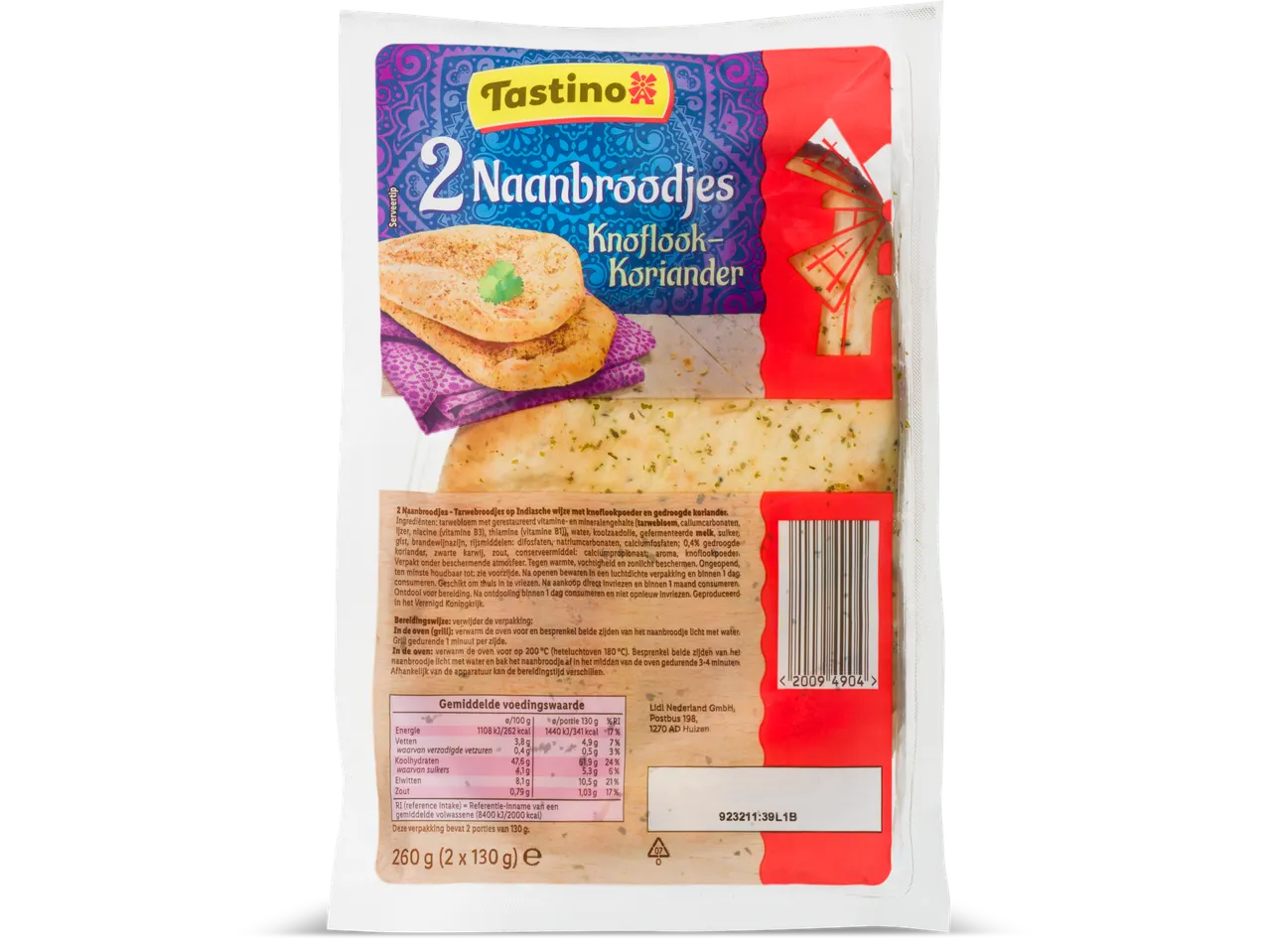 Tastino Naanbroodjes: Twee knoflook-koriander naanbroodjes in een verpakking.