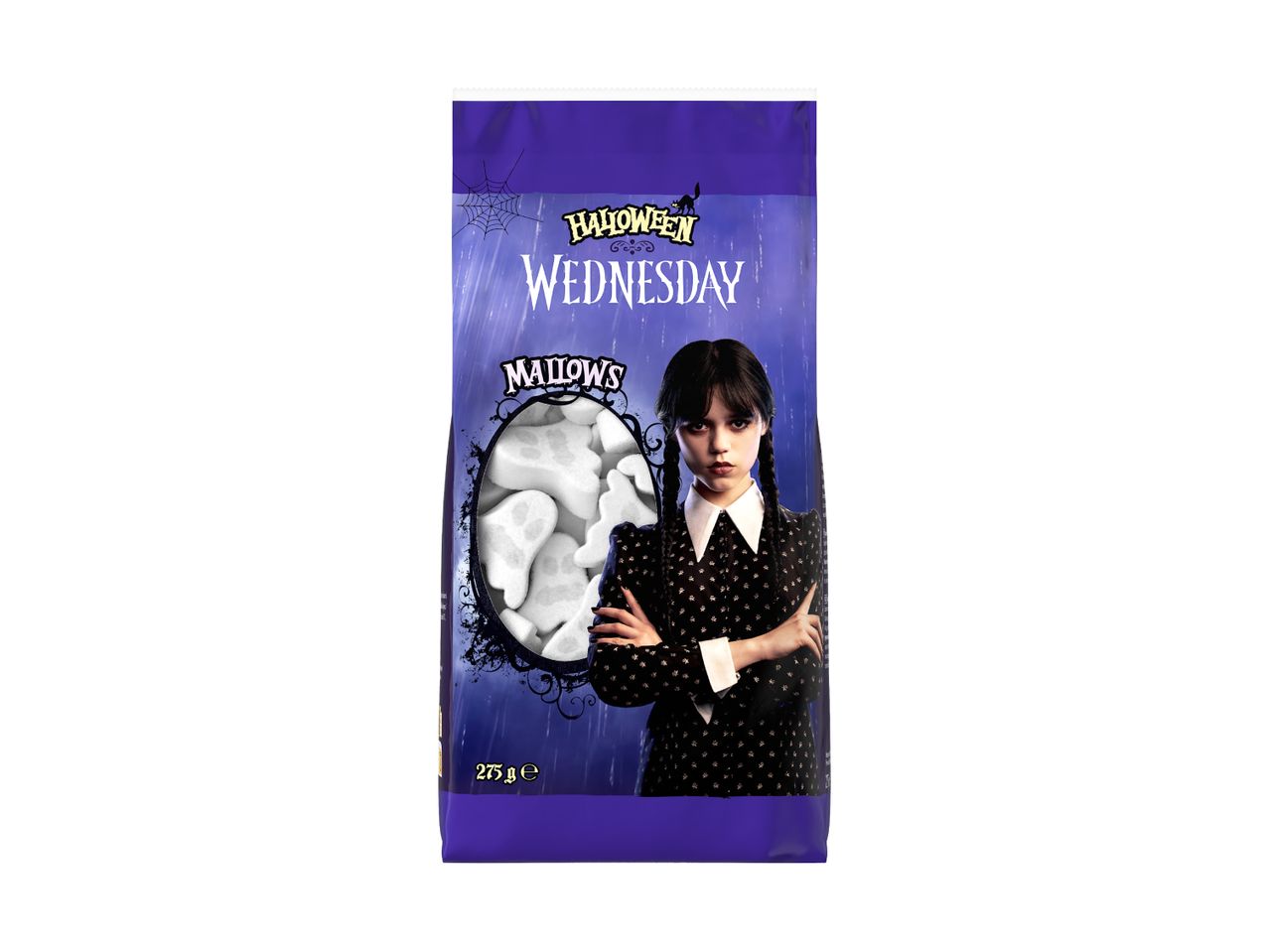 Halloween Wednesday Mallows candy bag with ghost-shaped marshmallows and Wednesday Addams.
