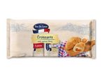 Pakke med 5 croissanter med abrikosfyld, vist med en croissant skåret over på et træbræt.